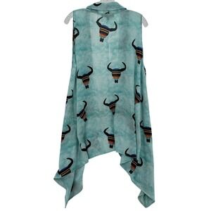 L&B Blue Open Cardigan Women Sz M Sheer Sleeveless Bullhorn Southwestern Pop Art